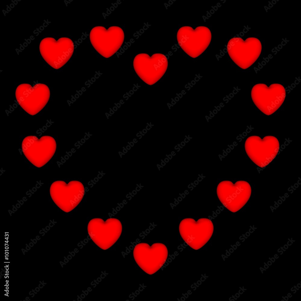 Valentines day background. 14 little red hearts form a large heart silhouette on a black background.
