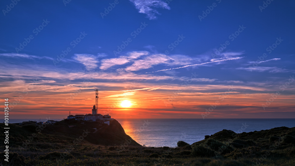 Lighthouse at Cabo da Roca in Portugal at sunset. 