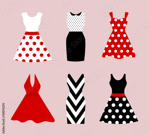 Set of 6 retro pinup cute woman dresses. Short and long elegant black, red and white color polka dot design lady dress collection. Vector art image illustration, isolated on background photo