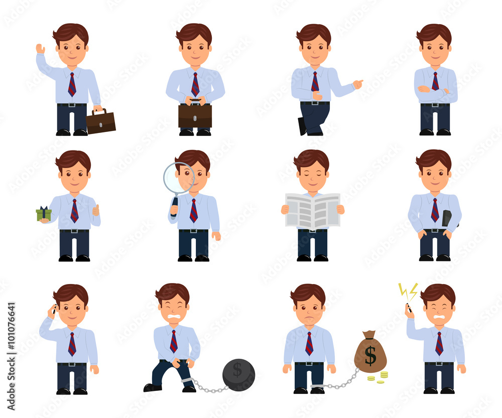 Set of cartoon businessman in a flat style. Businessman in various poses and actions isolated on a white background. 