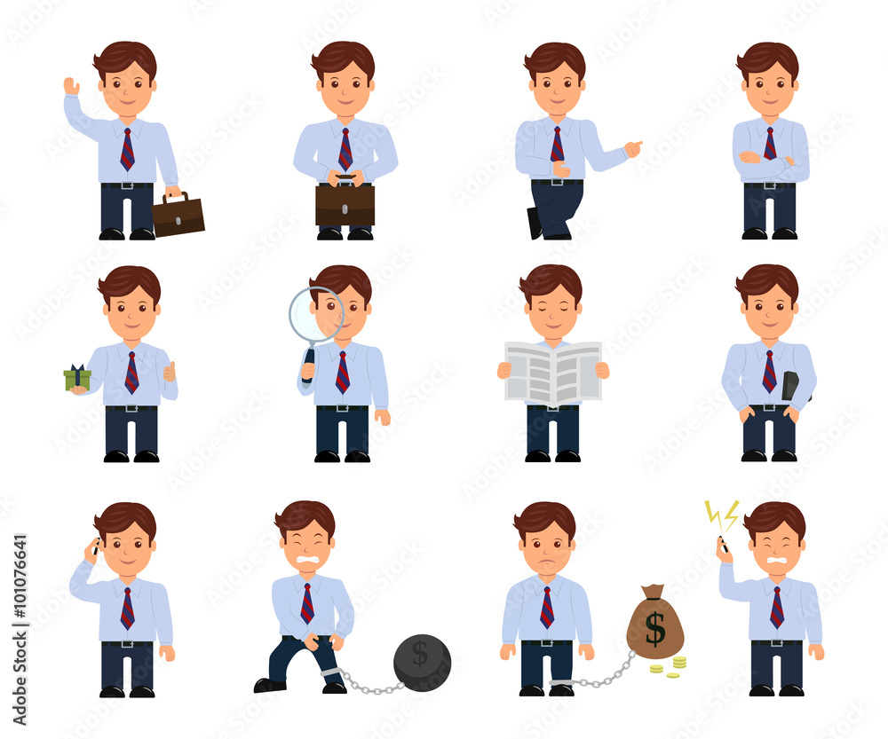 Set of cartoon businessman in a flat style. Businessman in various poses and actions isolated on a white background. Set of cartoon businessman in a flat style. Businessman in various poses and actions isolated on a white background.