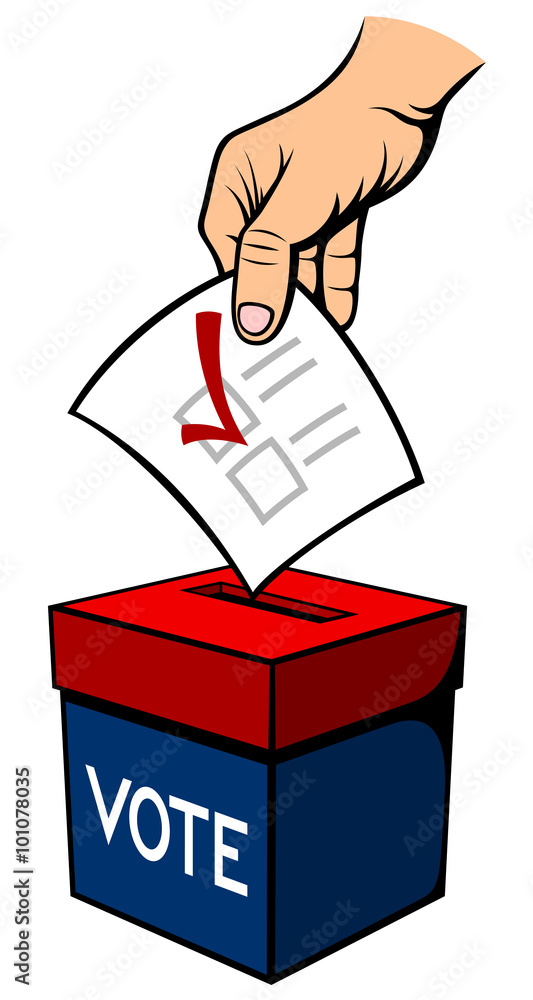 Vector illustration of a hand placing a vote into a red and blue ballot box. Vector illustration of a hand placing a vote into a red and blue ballot box.