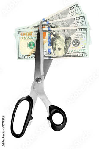 Scissors cut dollar banknotes, isolated on white