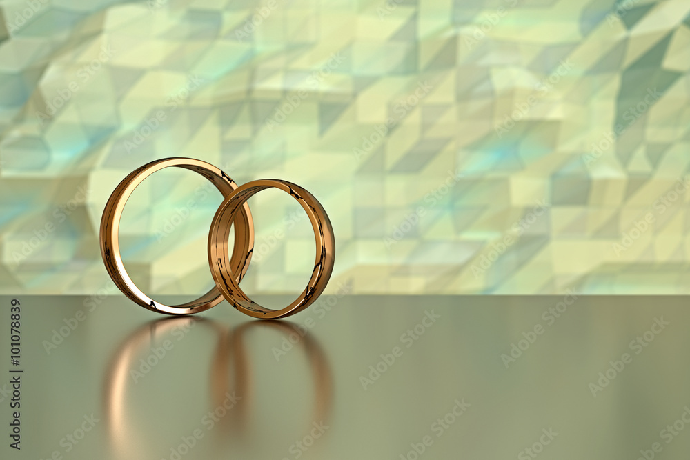 Ehe Ringe - zwei goldene Ringe auf glänzendem Boden, Rückwand polygone Struktur - 3D Rendering Ehe Ringe - zwei goldene Ringe auf glänzendem Boden, Rückwand polygone Struktur - 3D Rendering