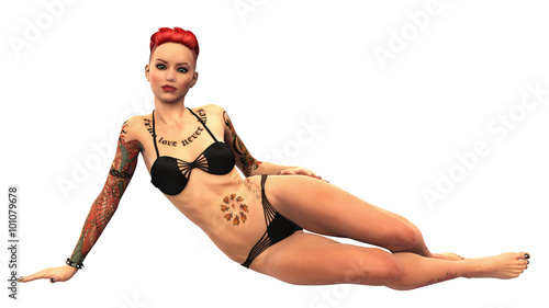 Redhead girl with piercings and tattoos, short haired girl posing on white background