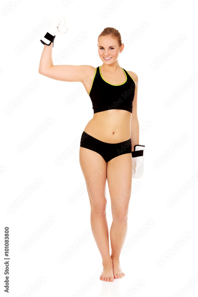 Boxing fitness woman wearing white boxing gloves Boxing fitness woman wearing white boxing gloves