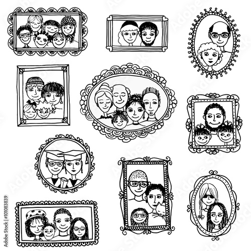 Cute hand drawn picture frames with family portraits