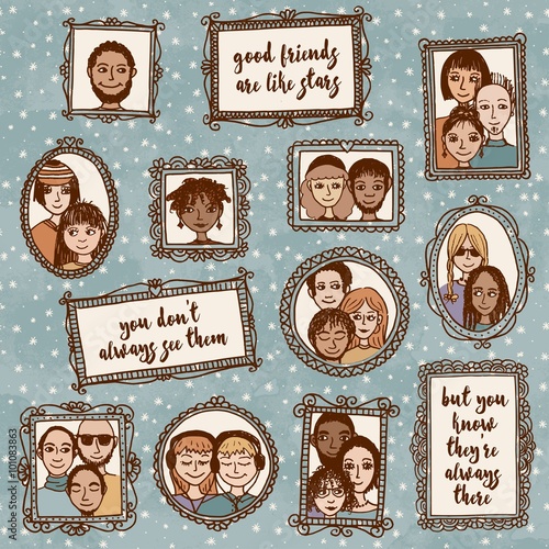 Good friends are like stars: you don't always see them, but you know they're always there - cute hand drawn picture frames with people and inspirational quote