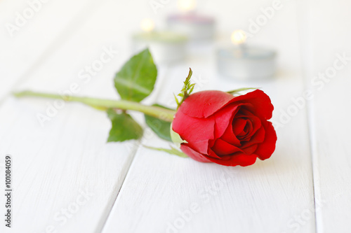 Stock Photo .Beautiful red roses on table close-up