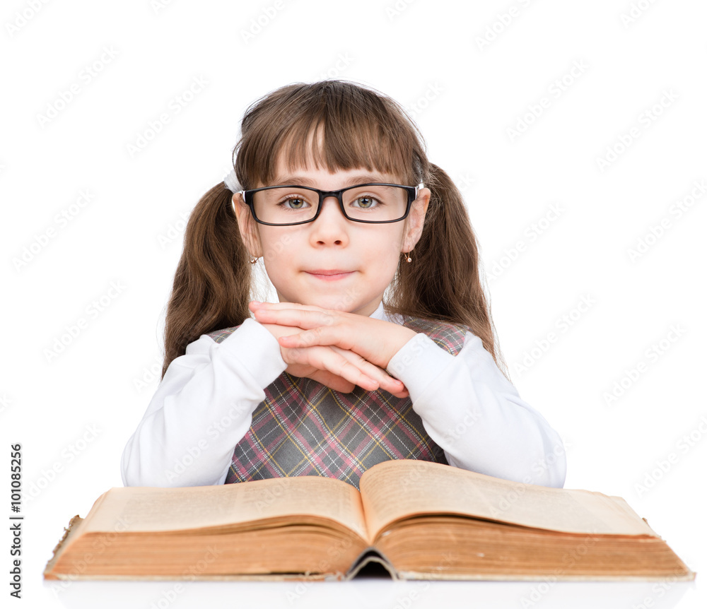 young schoolgirl with glasses read book. isolated on white backg young schoolgirl with glasses read book. isolated on white backg