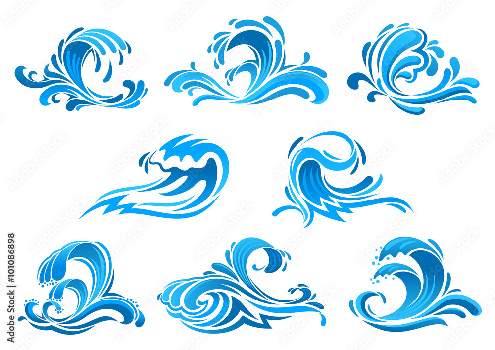 Obraz premium Błękitne morze i fale oceanu lub ikony surfowania