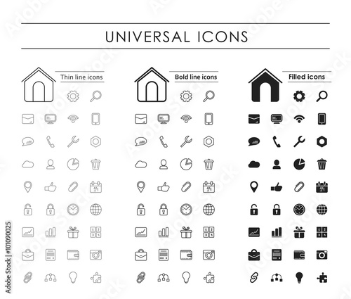 A set of  universal icons, thin line, bold line, fill