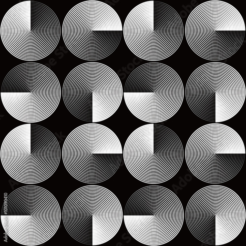 Optical seamless pattern of folded circles. Vector monochrome geometric background. Simple to edit, without gradient.
