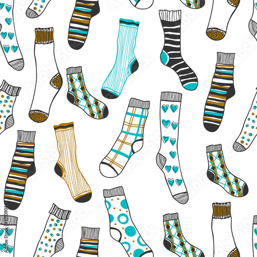 Seamless pattern of doddle socks on a white background