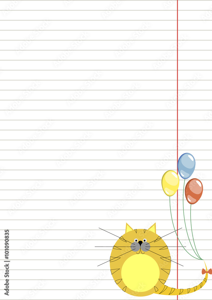Vector blank for letter or greeting card. White paper form with red pretty cat, colorful balloons, and border. A4 format size. Vector blank for letter or greeting card. White paper form with red pretty cat, colorful balloons, and border. A4 format size.