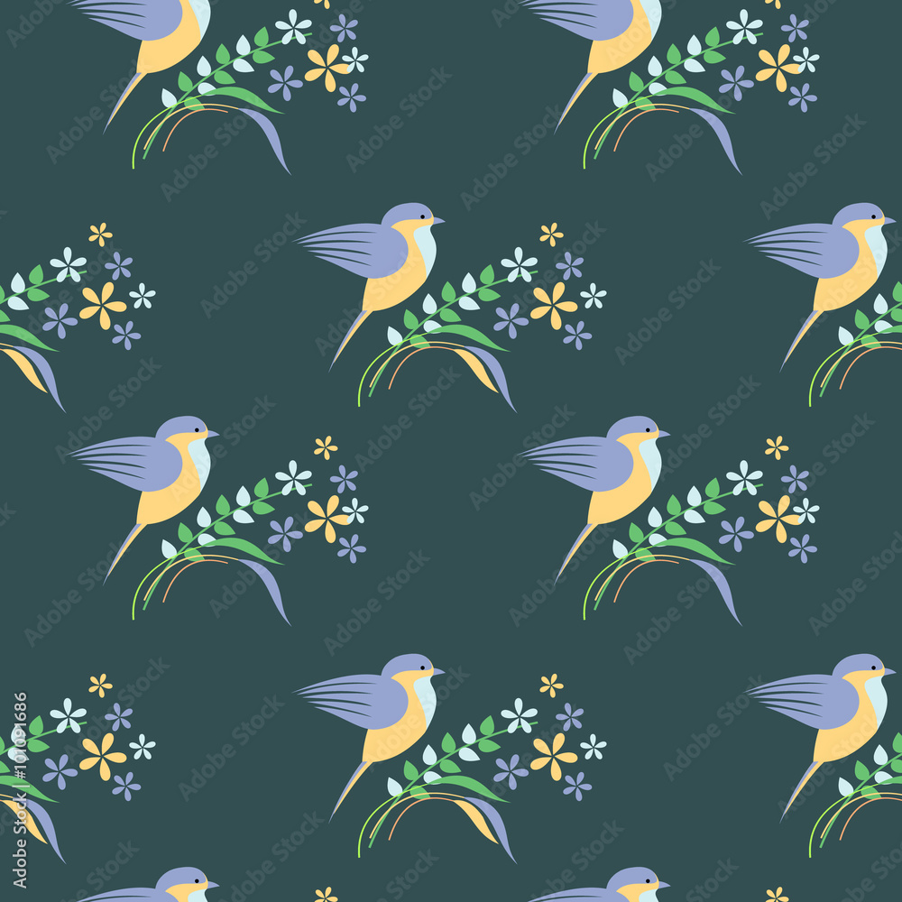 Seamless vector pattern with animals. Symmetrical background with colorful birds, leaves and flowers on the blue backdrop. Series of Animals and Insects Seamless Patterns.