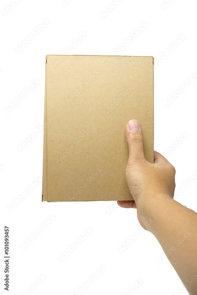 Hand holding Cardboard box isolated on white background