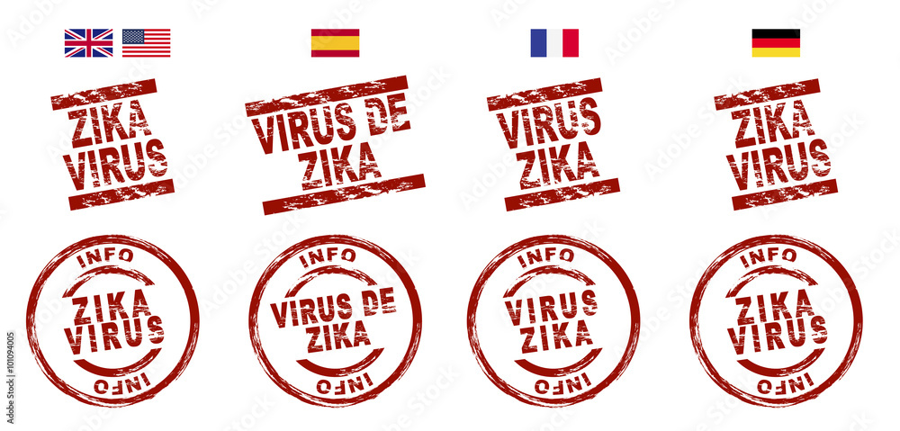Set of stylized ink stamps showing the term Zika virus in four languages Set of stylized ink stamps showing the term Zika virus in four languages