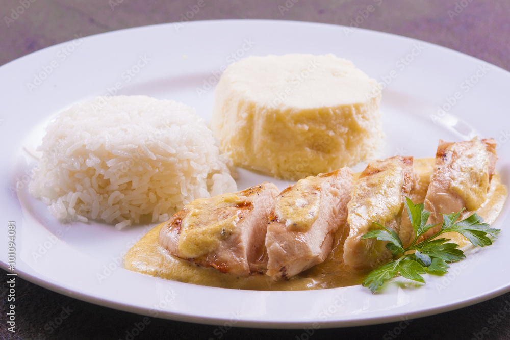 Pork meat with rice and smash potato Pork meat with rice and smash potato