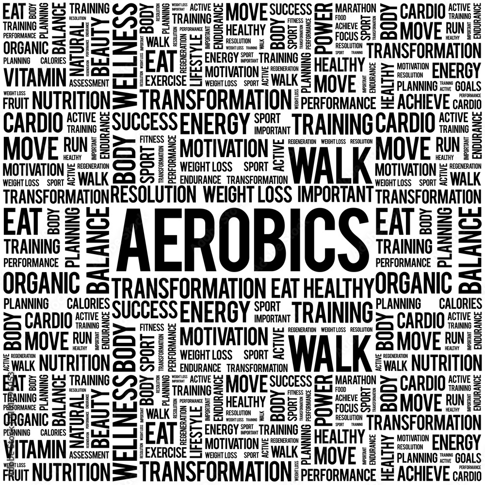 Aerobics word cloud background, health concept