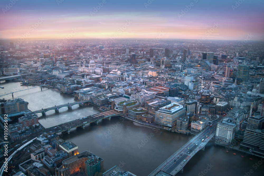 LONDON, UK - JANUARY 27, 2015: panoramic view City of London at sunset