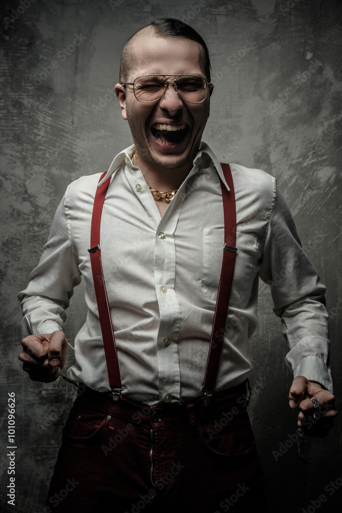 Freak guy in white shirt laughing. Freak guy in white shirt laughing.
