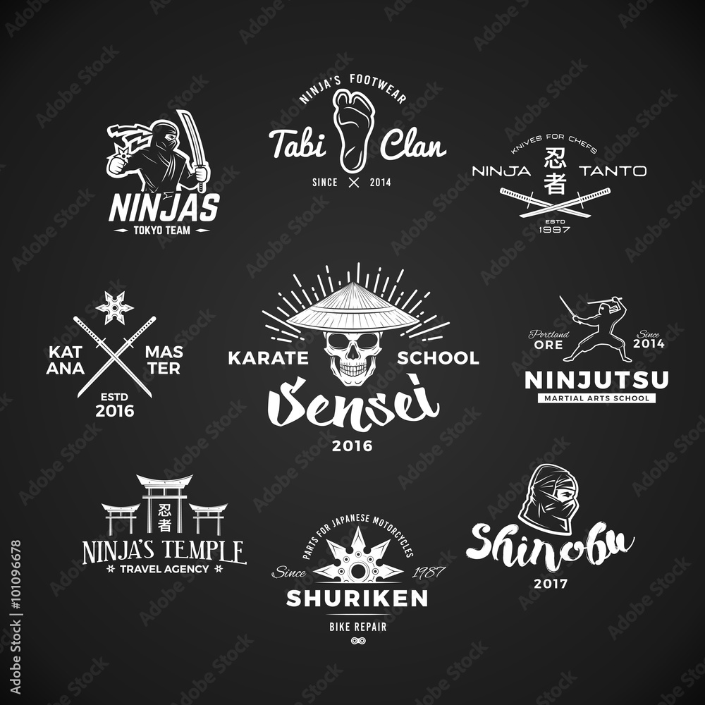 Fototapeta premium Set of Ninjutsu Logo. Sensei skull t-shirt illustration concept on gray background. Japanese Katana weapon insignia design. Vintage MMA badge. 
