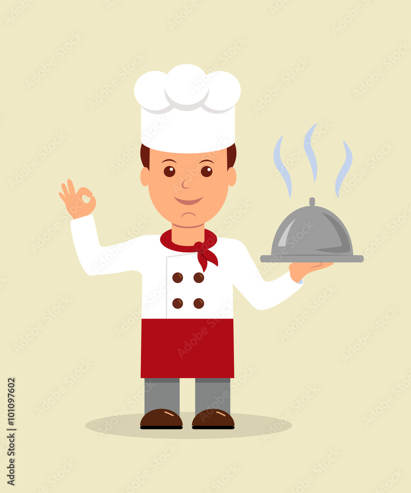 Young professional chef. A cartoon happy chef character holding a platter. Young professional chef. A cartoon happy chef character holding a platter.