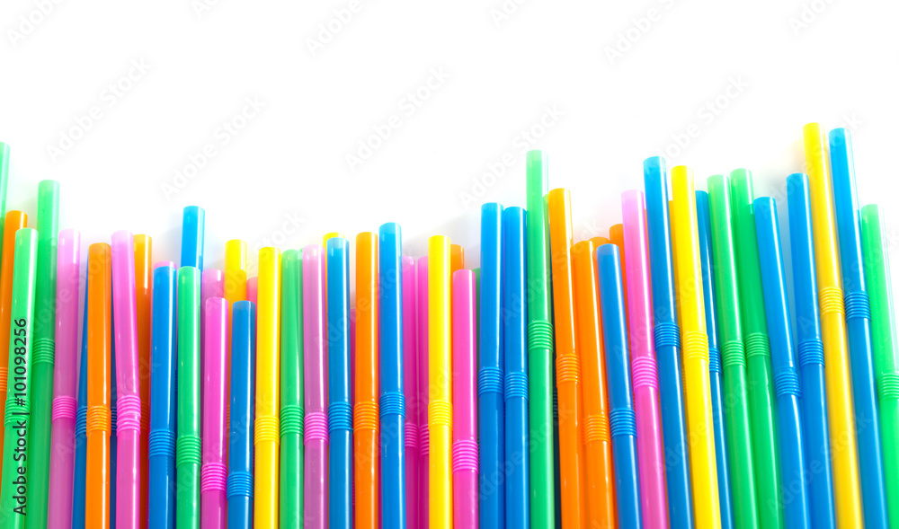 Drinking straw colored plastic tubes isolated on white background