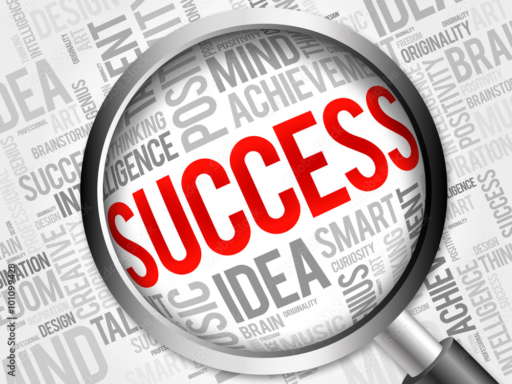 SUCCESS word cloud with magnifying glass, background concept SUCCESS word cloud with magnifying glass, background concept