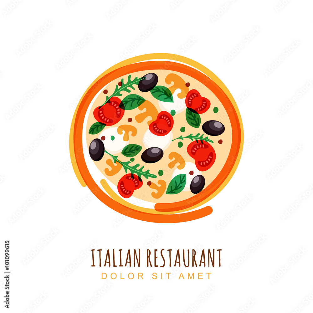 Hand drawn doodle illustration of italian pizza with tomato, mus Hand drawn doodle illustration of italian pizza with tomato, mus