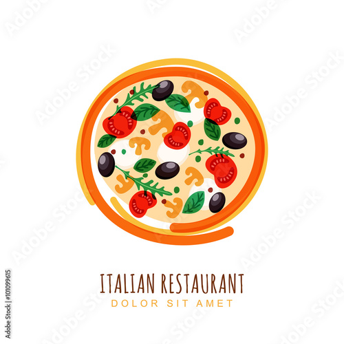Hand drawn doodle illustration of italian pizza with tomato, mus