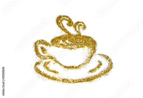 Golden cup of coffee of glitter sparkle on white background