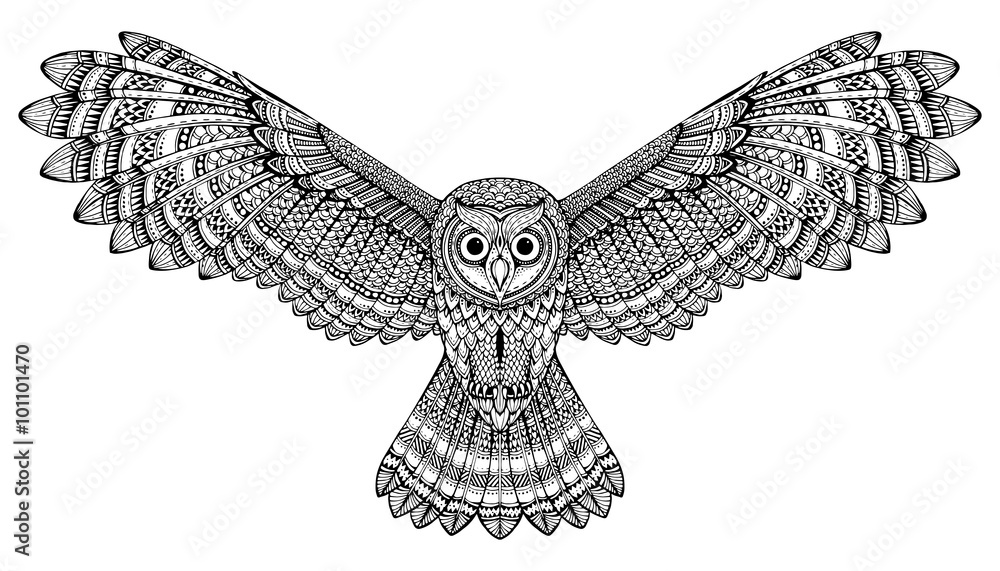 Naklejka premium Wektor ręcznie rysowane latająca sowa. Czarno-biała sztuka zentangle