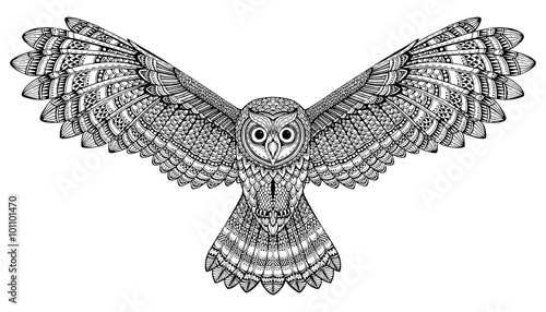 Vector hand drawn flying owl. Black and white zentangle art