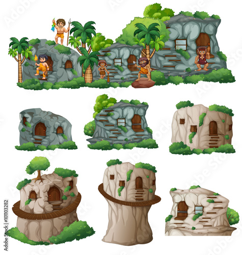 Cavemen and houses in the mountain