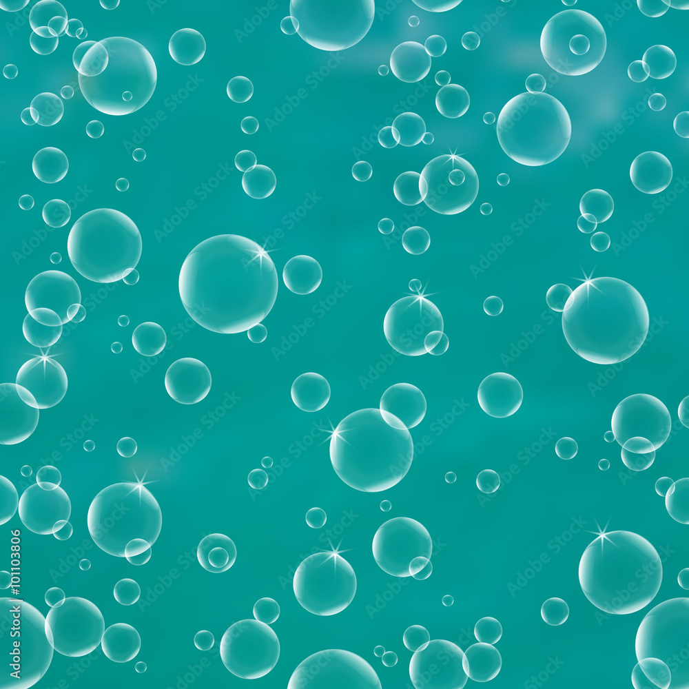 Texture water with bubbles on a turquoise background. Circle and liquid, light design, clear soapy shiny, vector illustration.