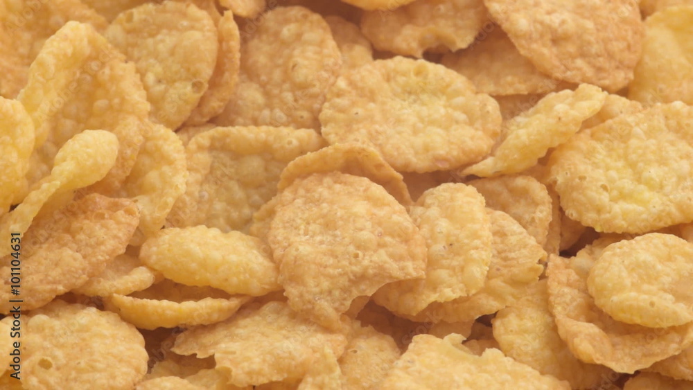 Swiftly rotating corn flakes with adding white sugar and pouring milk ready for a quick breakfast Swiftly rotating corn flakes with adding white sugar and pouring milk ready for a quick breakfast