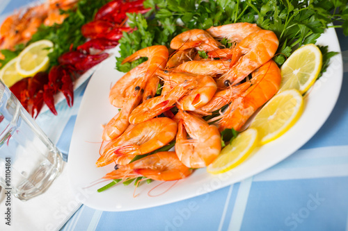 Delicious Mediterranean seafood shrimps and crawfish close up