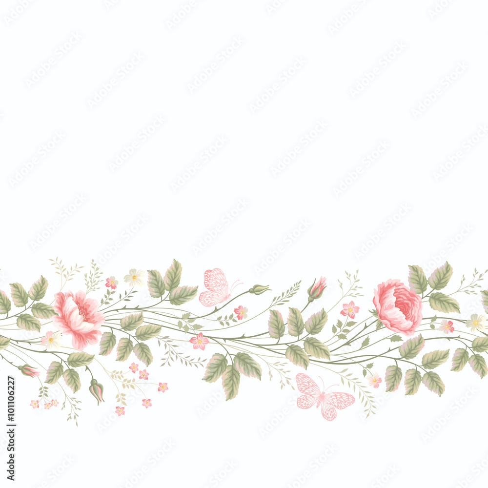 seamless floral border with roses and butterflies Stock Vector | Adobe ...