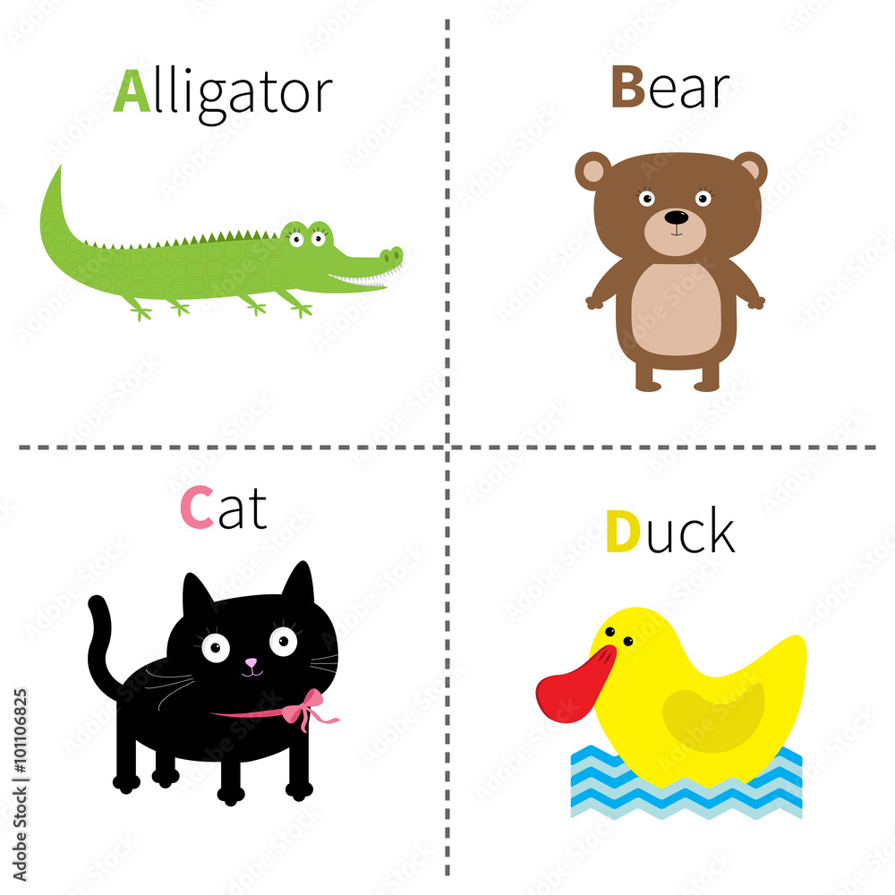 Letter A B C D Alligator Cat Bear Duck Zoo alphabet. English abc with  animals Education cards for kids Isolated White background Flat design  Stock Vector | Adobe Stock