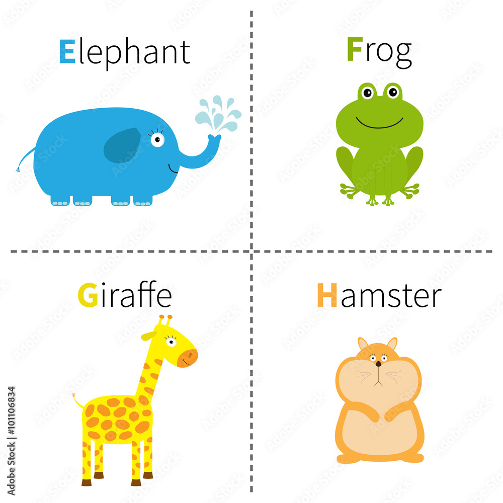 Letter E F G H Elephant Frog Giraffe Hamster Zoo alphabet. English abc with  animals Education cards for kids Isolated White background Flat design  Stock Vector | Adobe Stock