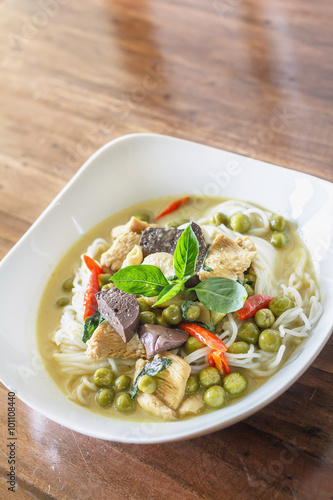 Green curry chicken with thai Rice Noodles, Thai Food.