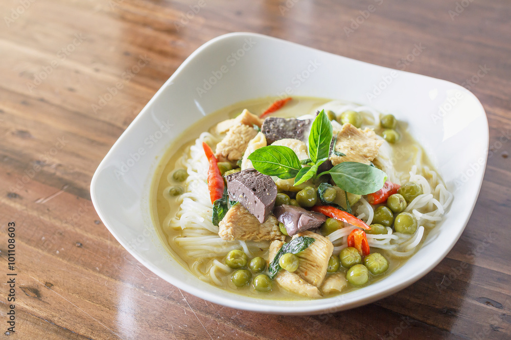Green curry chicken with thai Rice Noodles, Thai Food. Green curry chicken with thai Rice Noodles, Thai Food.