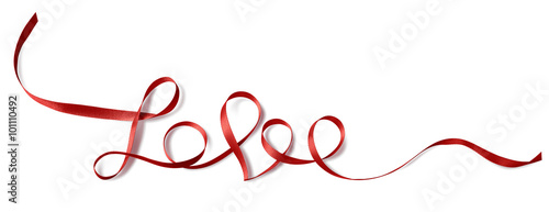Love word red thin ribbon contour Valentine isolated on white