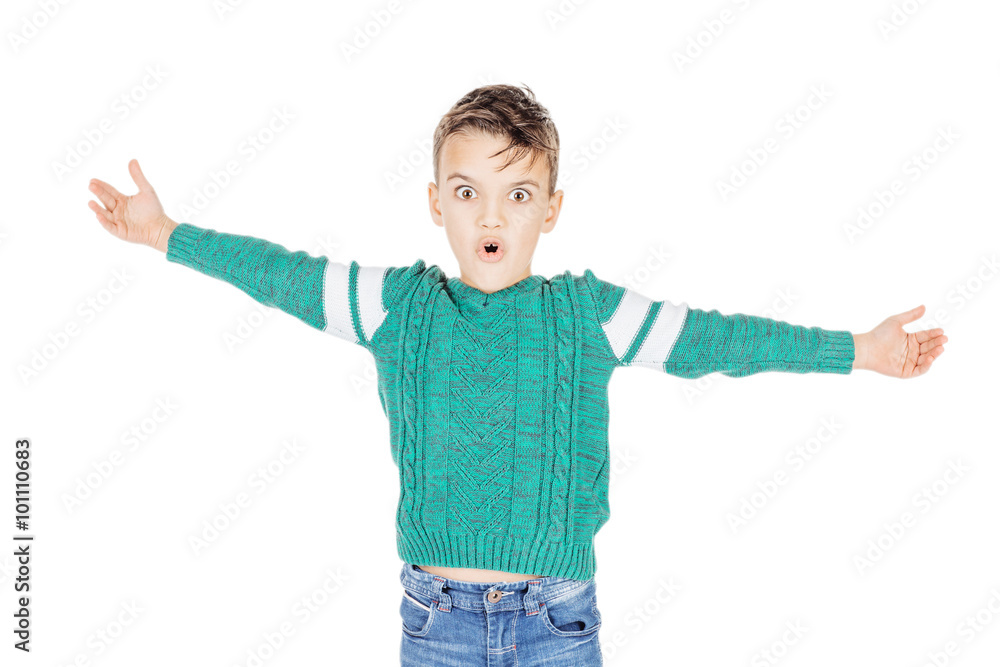 Portrait adorable young happy boy showing a size on white studio Portrait adorable young happy boy showing a size on white studio