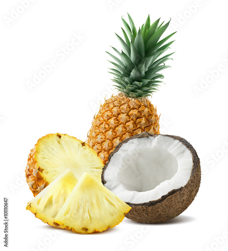 Pineapple coconut pieces composition 4 isolated on white backgro