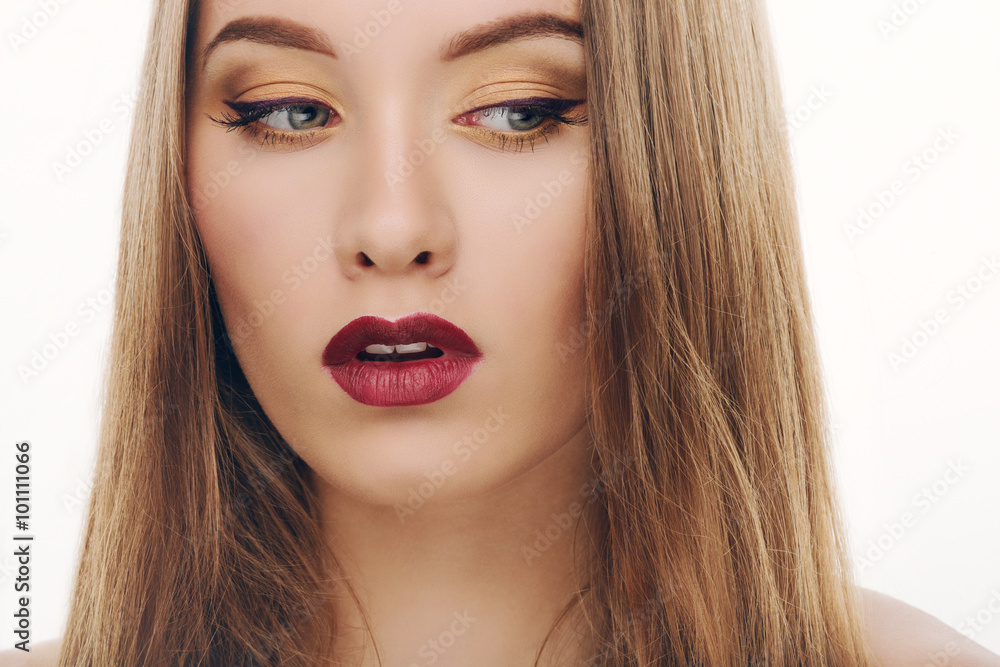 Closeup beauty portrait of young fashionable model with trendy gorgeous eyes makeup Closeup beauty portrait of young fashionable model with trendy gorgeous eyes makeup