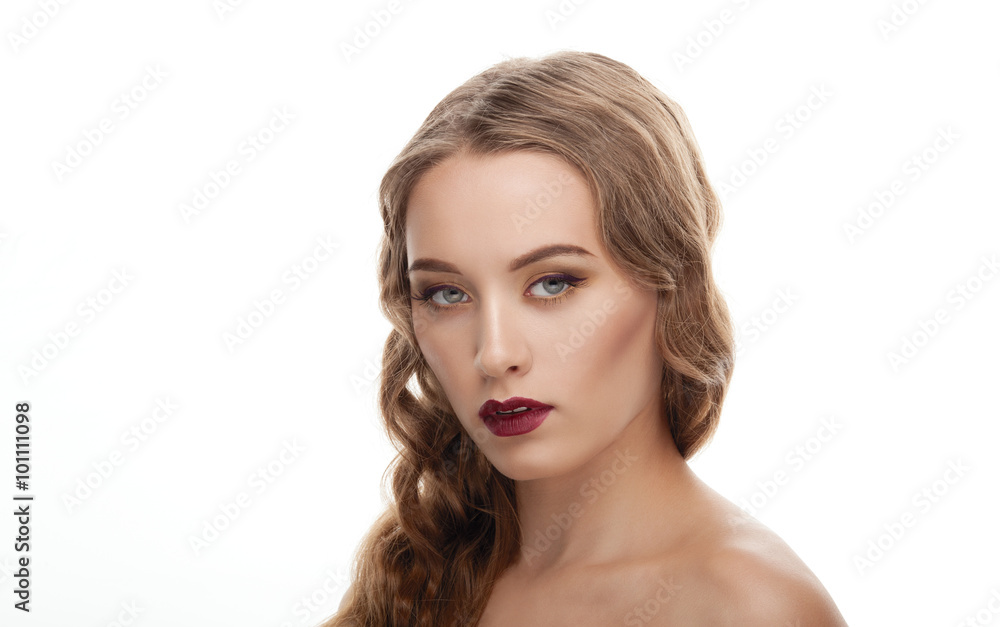 Closeup beauty portrait of young elegant model with bare shoulders and trendy fashion makeup Closeup beauty portrait of young elegant model with bare shoulders and trendy fashion makeup