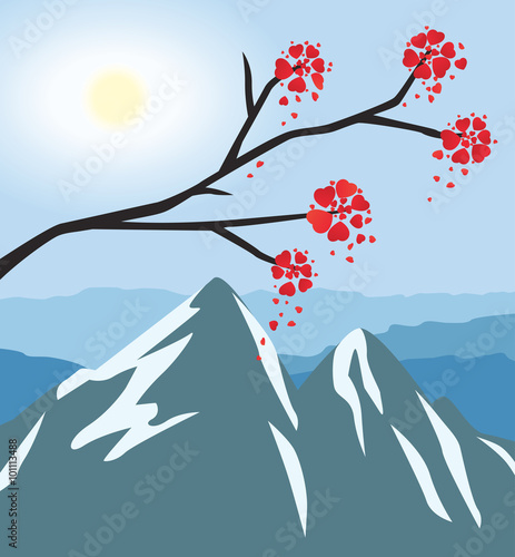 Branch with flowers like a hearts in front of the mountain landscape. Vector illustration with clipping mask, eps 10.